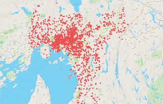 Dette kartet viser en oversikt over alle Nabobilene som er tilgjengelig i Oslo i dag. Av 5000 registrerte kjøretøy befinner over 2500 seg her.