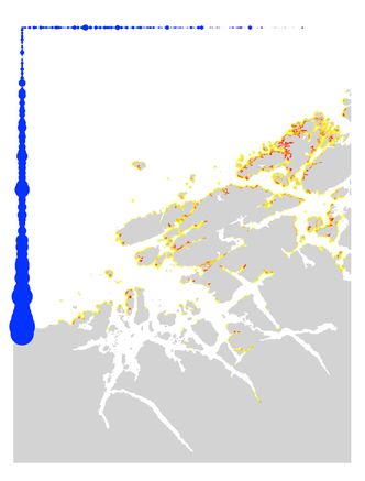 Kart som viser hot spots for stranding av plast i Rogaland. Kartene er laget av Jon Albretsen og Mats Huserbråten. Illustrasjon: Havforskningsinstituttet