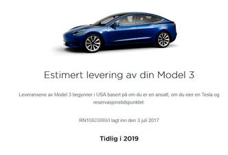 Model 3 hevdes å bli levert tidlig neste år. Skjermbilde: Tesla.com