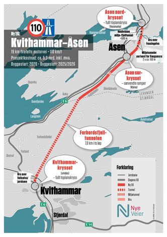 Kvithammer-Åsen er et utfordrende prosjekt som går i jomfruelig terreng. Området må reguleres i to kommuner. Illustrasjon: Nye Veier