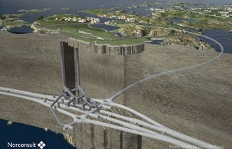 Kvitsøykrysset med tunnelene opp til Kvitsøy og ventilasjonssystemet. Illustrasjon: Statens vegvesen / Norconsult