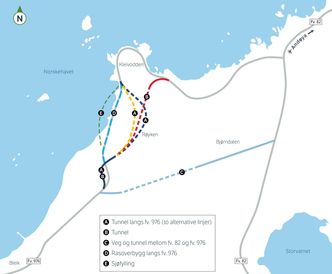 Tunnelalternativene som den pågående planprosessen skal ta stilling til. Illustrasjon:  Statens vegvesen