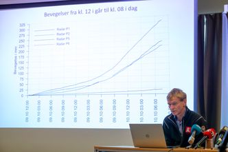 Pressekonferanse i forbindelse med at det tirsdag ettermiddag ble rødt farenivå ved det rasfarlige fjellpartiet Veslemannen. Geolog Lars Blikra viser en kurve over bevegelsene fra kl. 12 i går til kl. 08 i dag. Foto: Svein Ove Ekornesvåg/NTB Scanpix