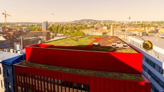 Oslo første blågrønne tak. Området er regulert til et byøkologisk kulturkvartal, noe som krevde mer enn bare et tak som håndterer overvann. Under det grønne taket med sedum ligger det tak fra Protan. Bygget åpner dørene for publikum 3. november 2018. Foto: Urbanium