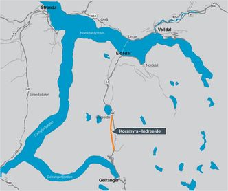 Kartet viser hvor den nye strekningen og tunnelen skal ligge. Det er tenkt at dagens trase skal benyttes på sommeren. Illustrasjon:  Statens vegvesen