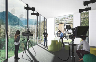 Illustrasjon fra flerbruksstudio med utsikt over Volda og fjorden. Illustrasjon:  K Nordang AS/Peab/Link arkitektur