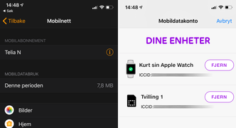 ESIM settes opp via Apple Watch-appen på iPhone. Der kan du også se hvor mye mobildata klokken har brukt.