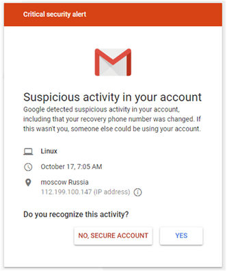 Eksempel på falsk Google-varsel om mistenkelig kontoaktivitet. Illustrasjon: Certfa