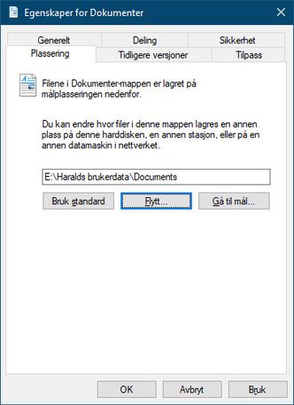 Her har vi valgt å flytte mappen med Dokumenter over til E-partisjonen på pc-en. Skjermbilde: digi.no