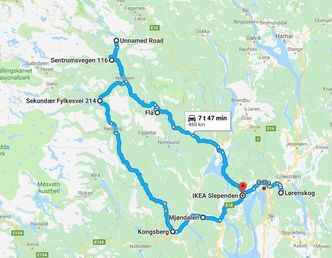 Ruta vår på denne testturen. Faksimile: Google Maps