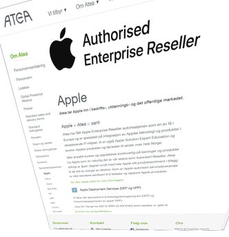 Atea Norge kan fortsatt smykke seg med autorisasjon fra – og partneravtale med Apple, her omtalt på selskapets norske websider. Skjermbilde: digi.no