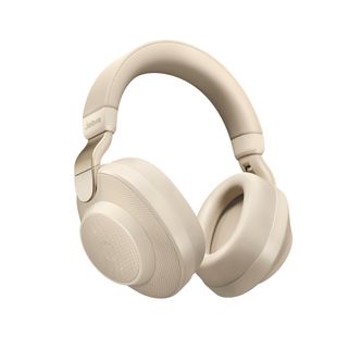 Talegaver: Jabra Elite 85H, her i fargen Gold Beige, skal være de første slike støykansellerende hodetelefonene som skal være behagelige når man fører en samtale. Foto: Jabra