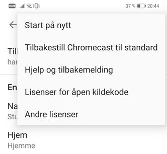 For å restarte Chromecast-enheter fra Google Home-appen (i dette tilfellet Android-utgaven), velg først den aktuelle enheten. Velg deretter innstillingene for enheten (tannhjulet oppe til høyre). I grensesnittet for enhetsinnstillinger, velg menyen oppe til høyre (tre prikker) og deretter «Start på nytt». Foto: digi.no