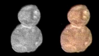 Ut fra de første bildene av Ultima Thule var det nærliggende å konkludere med at det sammensatte objektet hadde form som en snømann. Det er feil. Illustrasjon: NASA
