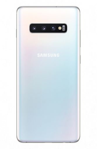 Prismehvit: Dette er den nye hvitfargen som her pryder S10+. Det rektangulære området rommer tre kameraer og en blits. Foto: Samsung