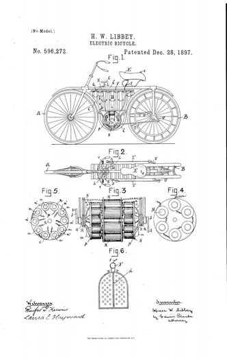 Batteriet som gir. Hosea W. Libbey fikk i 1897 patentert sin versjon med motoren plassert i kranken. Han brukte setet som tank for elektrolytt med slange til batteriet. Sykkelen hadde doble bakhjul og et delt batteri Libbey brukte som et gir. Ideen var at halve batteriet og drift på det ene bakhjulet skulle brukes på flatmark mens hele batteriet og begge hjulene ble brukt i bakker. Illustrasjon: Harley Davidson