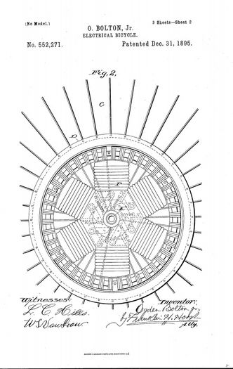 Skissen, fra United States Patent and Trademark Office viser Boltons løsning med elmotoren plassert i navet på bakhjulet. Patentet ble innvilget nyttårsaften i 1895. Illustrasjon: United States Patent and Trademark Office