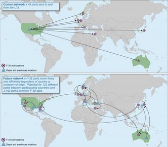 Dagens (øverst) og det kommende logistikknettverket for å forflytte F-35-deler. Foto: GAO