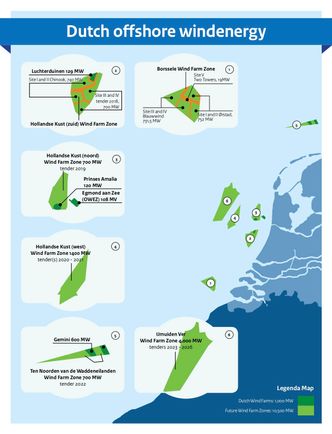 Kart over de planlagte utbyggingsområdene for havvind i Nederland. Foto: Nederlandske Enterprise Agency