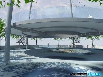 Ved å heve plattformen over Centrumpladsen, er det mulig å bevare parkeringsplassene og holde ubudne gjester ute fra plattformen. Foto: Rambøll