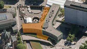 Det markerte området viser området for rivetillatelse. For resten av Y-blokka krever Plan- og bygningsetaten nye klimaberegninger. Foto: Plan- og bygningsetaten