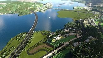 E16 ved Sundvollen og Kroksund i Hole. I bakgrunnen ses den nye Ringeriksbanen som skal gå parallelt med ny E16 vestover mot Hønefoss. Ill: Bane NOR
