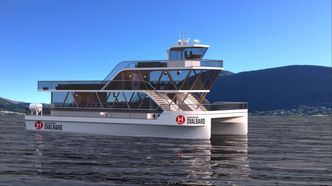 MS Bard skal fra 2020 brukes på Svalbard i somemermånedene. Den tar 140 passasjerer og seiler i 10 timer med en batteripakke på 800 kWh. Illustrasjon:  Brim Explorer