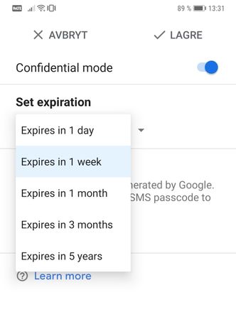 Epostinnholdet som sendes med konfidensiell modus i Gmail, vil bare være tilgjengelig i en begrenset periode. Bildet viser menyvalgene i Gmail-appen for Android. Skjermbilde: digi.no