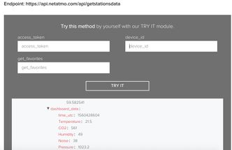 Netatmo har forholdsvis enkle og greie API-er, med god dokumentasjon og mulighet til å teste hva slags data API-et returnerer fra en bestemt værstasjon. Dataene returneres i JSON-format.