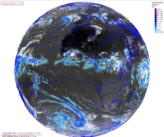 Hele jorden: Bildet av jordkloden viser varsel fra ECMWF sin høyoppløste modell, 9km oppløsning hvor det er plottet inn 3 timers akkumulert nedbør og lufttrykk i havnivå. Foto: Vibeke Thyness