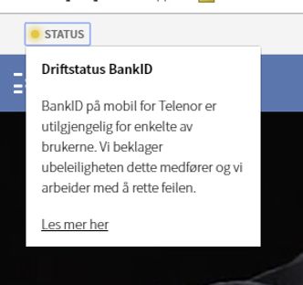 Driftsmelding fra BankID om problemer med BankID på mobil. Skjermbilde: digi.no