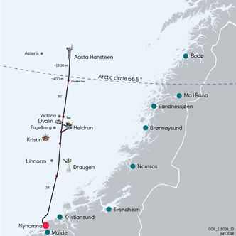 Polarled er en 482 kilometer lang rørledning for gass som går fra gassfeltet Aasta Hansteen utenfor Bodø, til gassanlegget Nyhamna på Aukra, ikke langt fra Molde. Inkludert oppgraderinger på Nyhamna, er prisen for Polarled anslått til cirka 24 milliarder kroner. To av feltene som skulle gjøre rørledningen lønnsom, Kristin og Linnorm, er inntil videre lagt på is. Illustrasjon: Equinor
