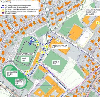 Kart og illustrasjon av energilagringssystemet som Bærum kommune håper å få bygget. På vinteren tømmes lageret, varmen skal leveres til nye Bekkestua barneskole, Bekkestua ungdomsskole og Nadderud stadion, samt tine opp isete gater i Bekkestua sentrum. Illustrasjon: Rambøll v/Patrick Durup Thomsen