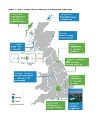 Britene har pekt seg ut noen steder som blir viktige for utviklingen av teknologi for mindre utslipp fra skip. Illustrasjon:  Det britiske transportdepartementet.