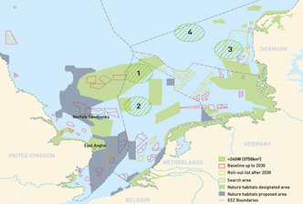 Konsortiet bak energiøya har pekt ut fire mulige plasseringer, hvorav én er i dansk territorium. Illustrasjon: North Sea Wind Power Hub