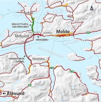 Kartskisse over området der E39 skal krysse Romsdalsfjorden. Ill: Statens vegvesen