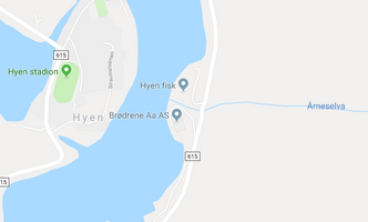 Her ser man hvor nær Årneselva går mellom Hyen fisk og Brødrene Aa. Nå haster det å sikre denne elva for å unngå ny flom. Skjermbilde: Google Maps