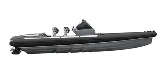 Goldfish 29 med step-skrog og rett baug. Båten er en RIB, det vil si med luftpute rundt for oppdrift og som bidrar til å gjøre fartøyet lett. Foto: Goldfish Boats