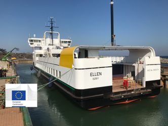 Den elektriske fergen Ellen er 59 meter lang, 12,8 meter bred og har plass til 31 biler og 198 passasjerer. Foto: EU H2020