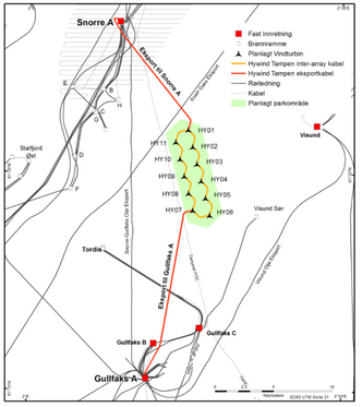 Slik vil et nett av flytende vindturbiner gi kraft til olje.- og gassproduksjon. Foto: Ill. Equinor