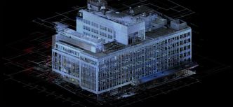 Hele bygget laserscannes for å få riktige mål inn i modellene. Foto:  Geomatikk Survey