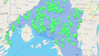 Kartet gir et øyeblikksbilde av hvor i byen man finner ledige bybiler. Skjermbilde:  Vy