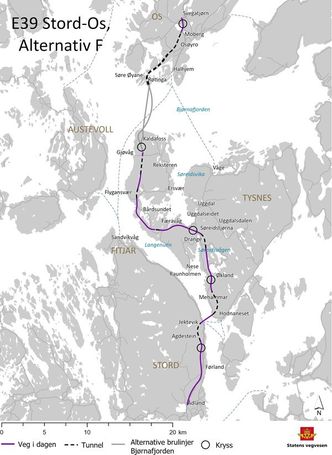 Trasé F er valgt for den kommende E39 mellom Stord og Os i Hordaland.