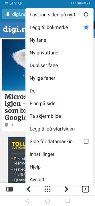 Menyen i Vivaldi for Android. Skjermbilde: digi.no