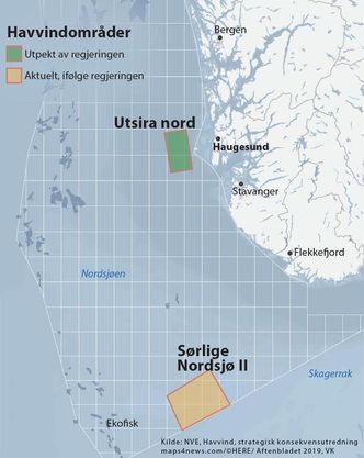 I disse områdene har regjeringen foreslått at det kan bygges ut havvind i Norge. Rederiforbundet etterlyser støtteordninger. Illustrasjon: Regjeringen