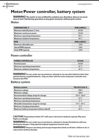 Utdrag fra Pipistrel Alpha Electros POH. Foto: &nbsp;Pipistrel