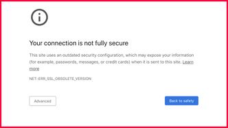 Kravene om at nettsteder kun må benytte nyere krypteringsteknologier har blitt utsatt på grunn av koronakrisen. Bildet viser en advarsel i Chrome om bruk av foreldet SSL-/TLS-teknologi. Illustrasjon: Google