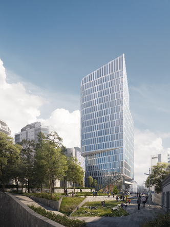 K8 blir Stavangers høyeste bygg. De seks nederste etasjene er trukket inn for å være til mindre sjenanse for naboene. Illustrasjon: Schmidt Hammer Lassen Architects