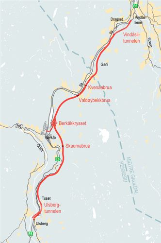 Nye Veiers skisse av E6-strekningen Ulsberg-Vindåsliene. Illustrasjon:  Nye Veier