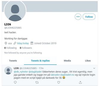 I morgentimene fredag ble denne meldingen fjernet. Twitter-kontoen er også suspendert, uten at det er klart hvorfor. Publish Lab skal ikke ha rapportert den inn. Skjermbilde: Twitter